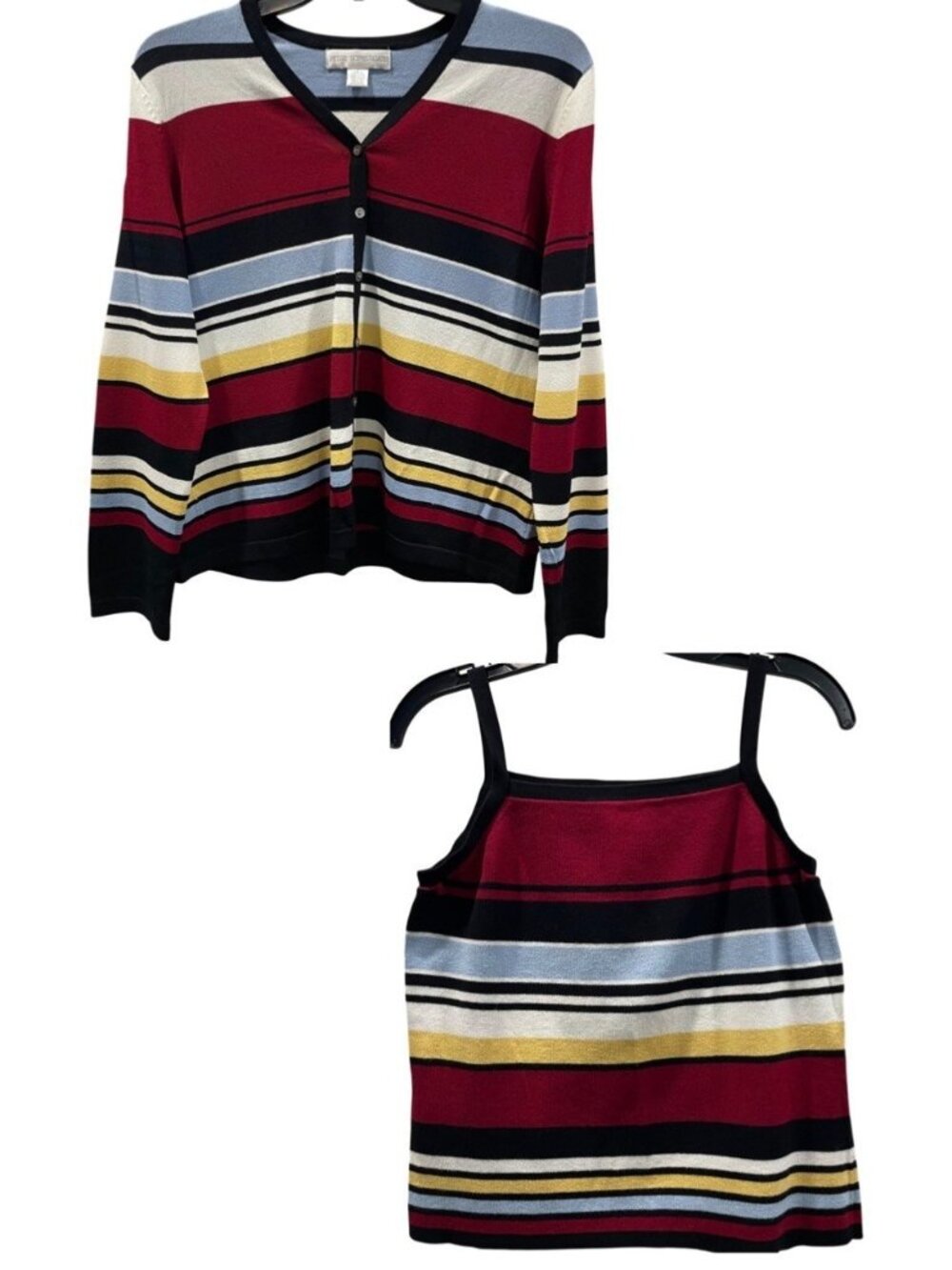 Petite Sophisticate Striped Knit Cardigan Tank Twin Set M Red Black Preppy Retro